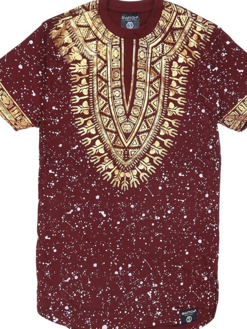 Switch Remarkable Men Tribal Print Scallop Hem Longline T Shirt Burgundy Gold XL